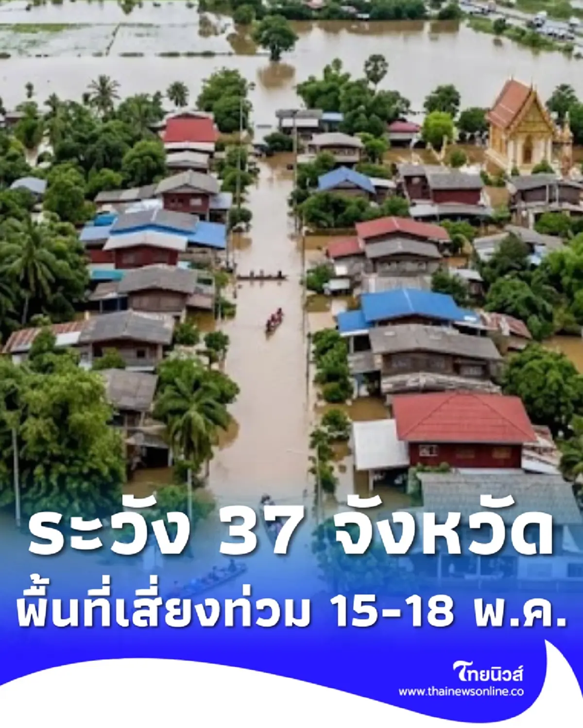 เปิด 37 จังหวัด สทนช. เตือนด่วนพื้นที่เสี่ยงน้ำท่วม 15 - 18 พ.ค. 2569