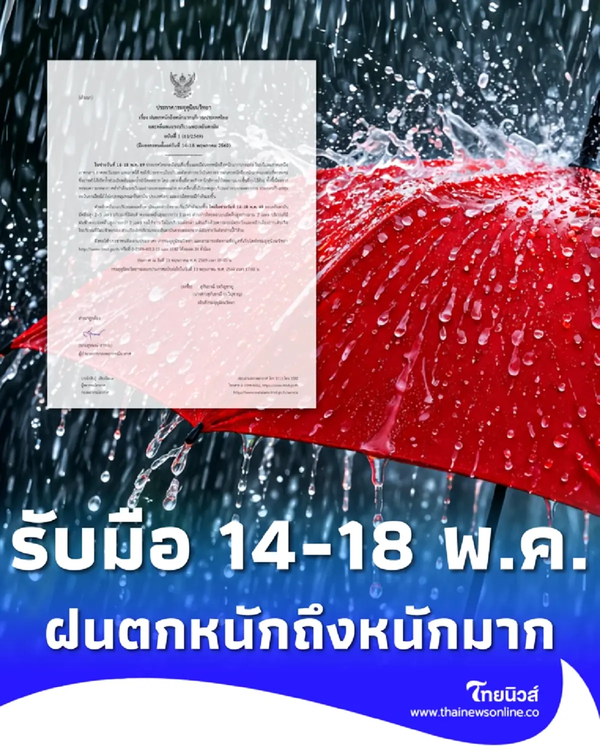 ประกาศ ฉ.1 ฝนตกหนักถึงหนักมาก 14–18 พ.ค. เช็กจังหวัดเจอฝนกระหน่ำ