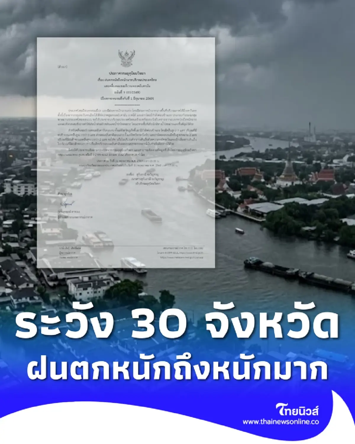 เตือนมรสุมฉบับ 9 วันนี้ 30 จังหวัด ฝนตกหนักถึงหนักมาก ระวังน้ำท่วม