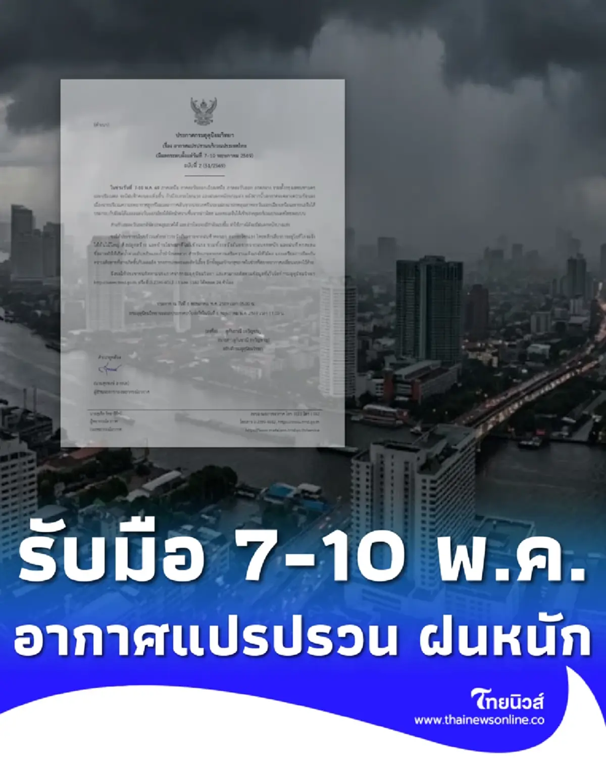 ประกาศ ฉ.2 อากาศแปรปรวน 7-10 พ.ค. เช็กจังหวัดฝนตกหนัก ลมกระโชกแรง