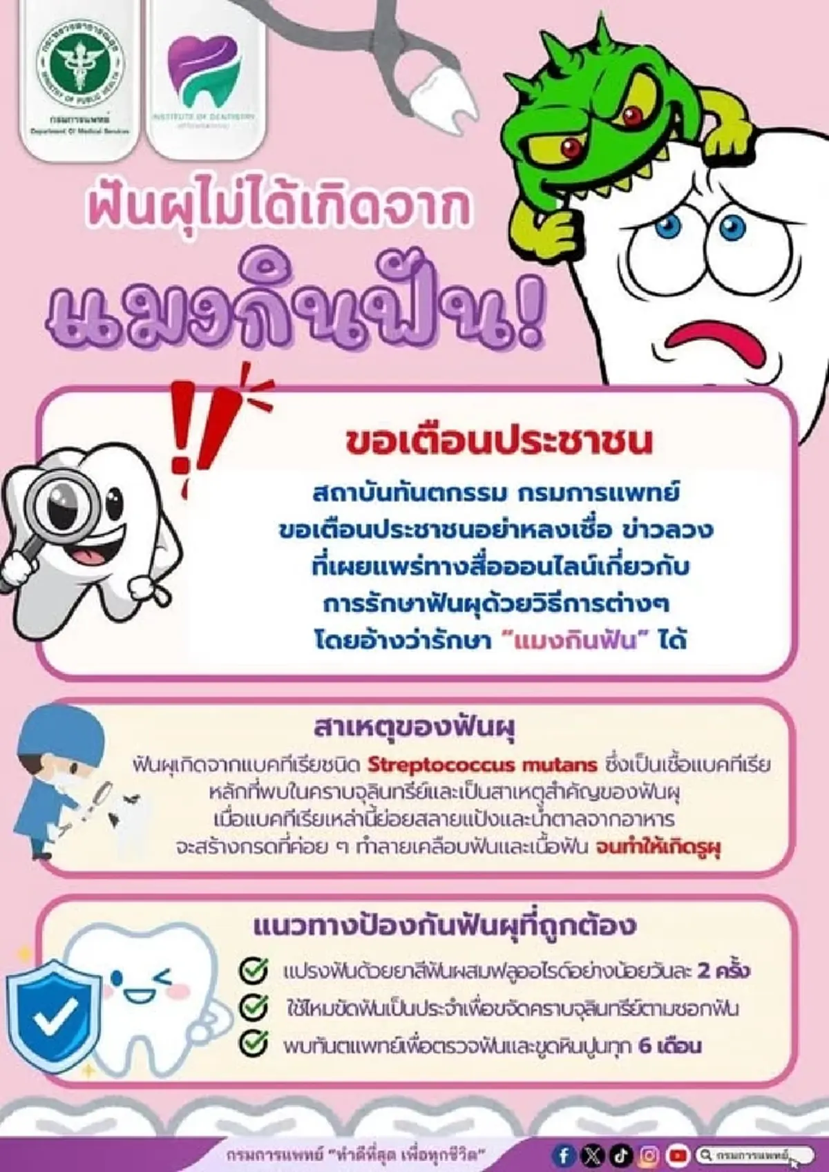 กรมการแพทย์ เตือนอย่าหลงเชื่อ ฟันผุไม่ได้เกิดจาก “แมงกินฟัน”