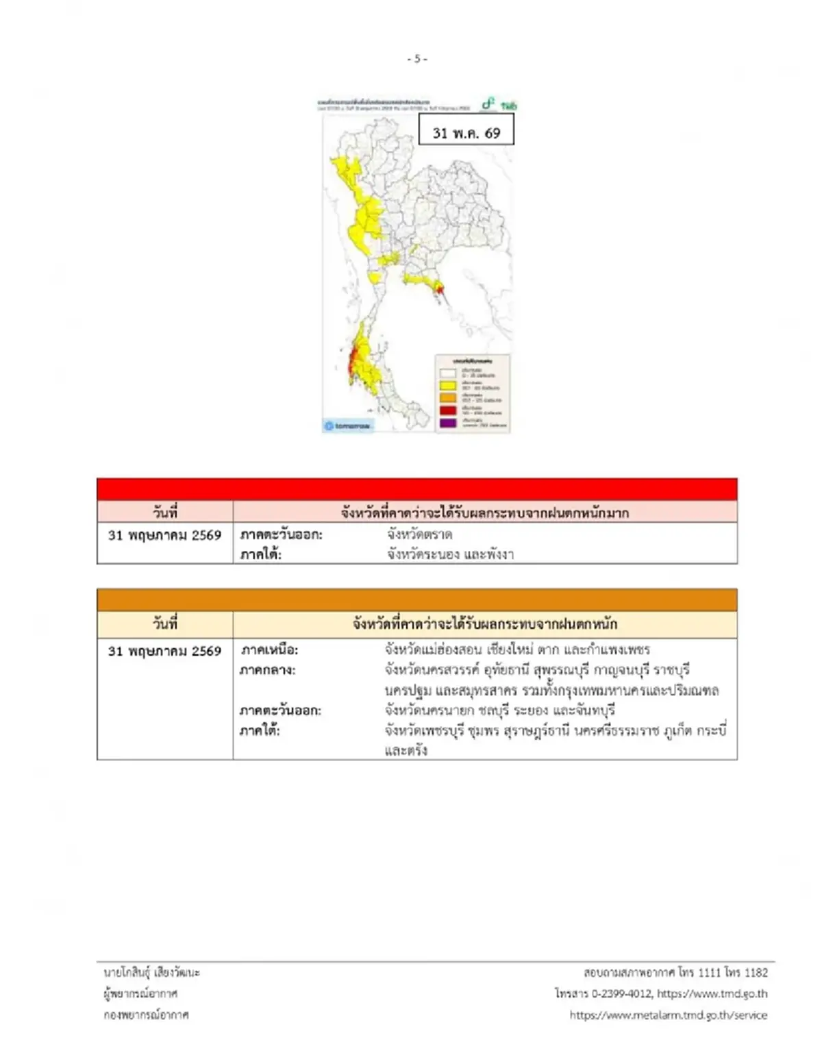 เปิดพื้นที่เสี่ยงภัยสีแดง-สีส้ม รับมือมรสุม ฝนตกหนักพรุ่งนี้
