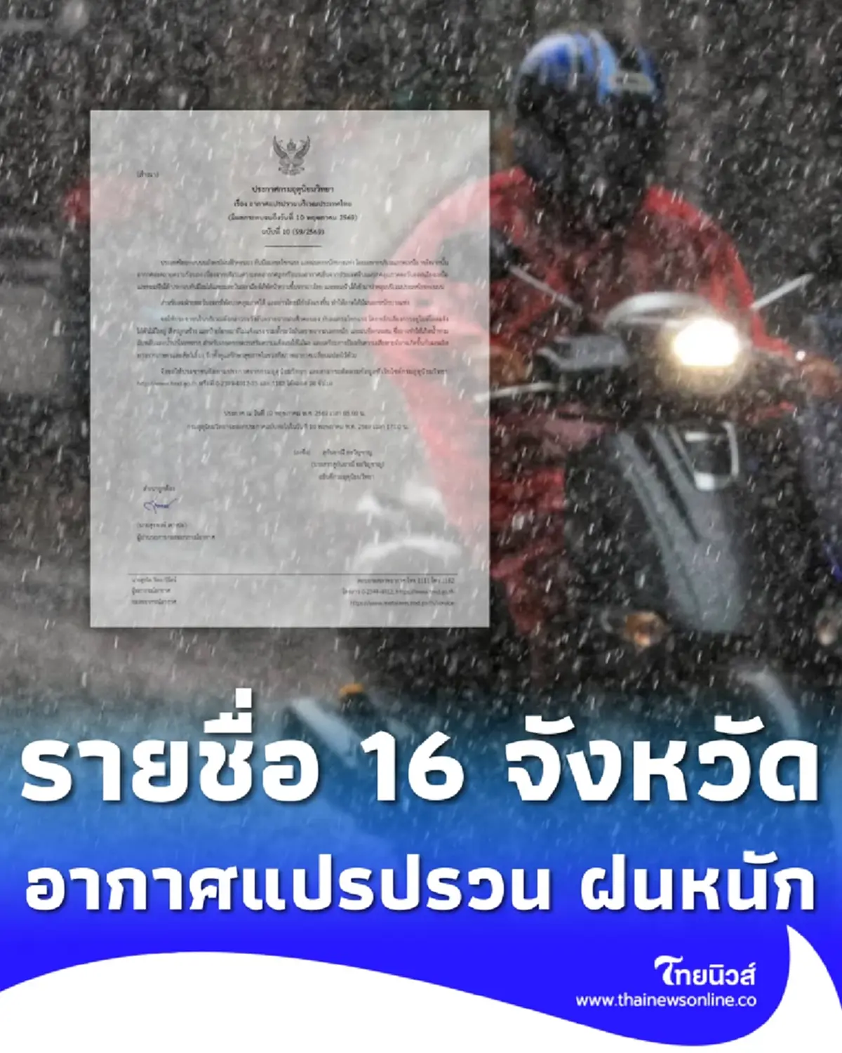 เตือนภัย ฉ.10 เจอเต็มๆวันนี้ 16 จังหวัด อากาศแปรปรวน ลมแรง ฝนตกหนัก