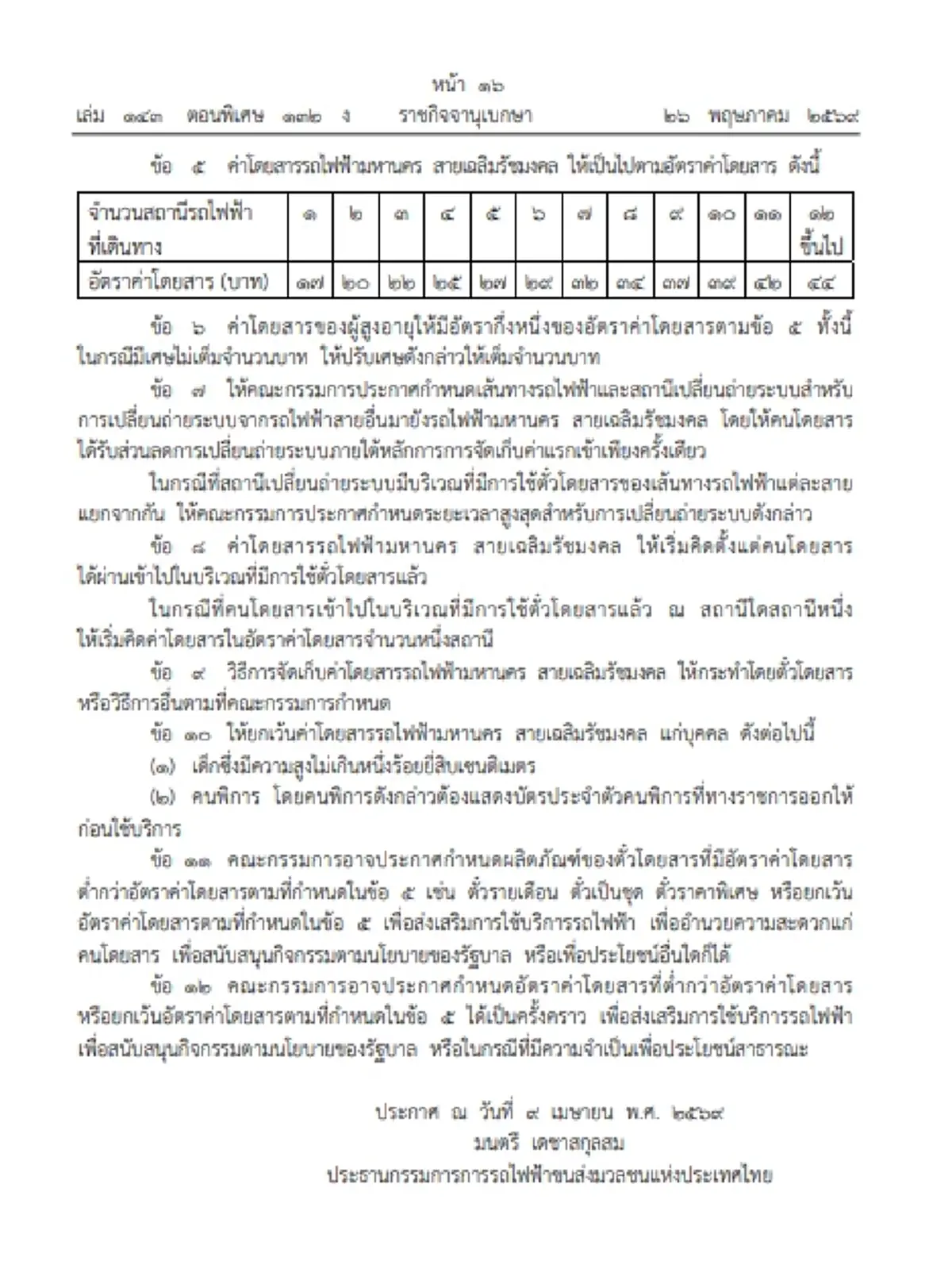 ราชกิจจาฯ MRT สายสีน้ำเงิน ปรับค่าโดยสารใหม่ 17-44 บาท เริ่ม 3 ก.ค. 69