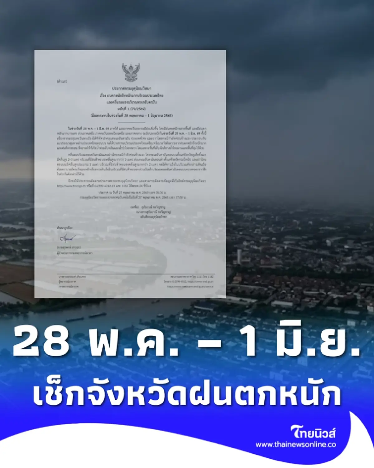 ประกาศ ฉ.1 ฝนตกหนักถึงหนักมาก 28 พ.ค. – 1 มิ.ย. เช็กจังหวัดฝนกระหน่ำ