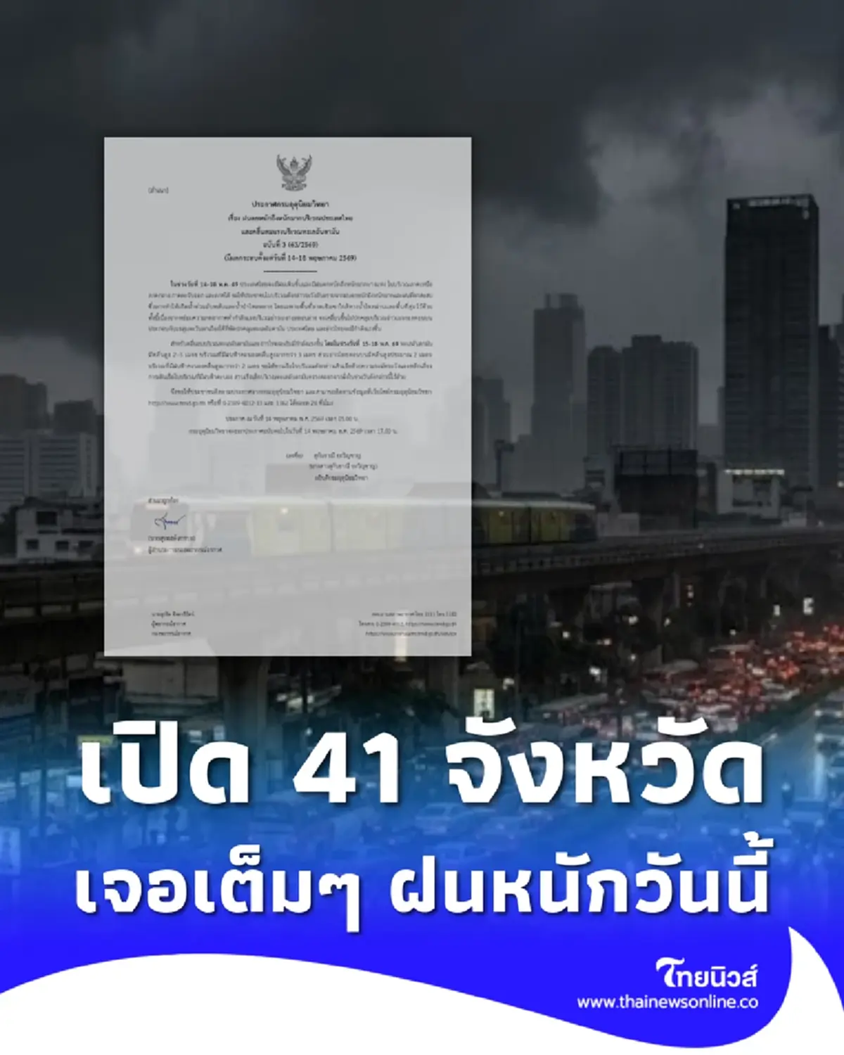 ประกาศ ฉ.3 รายชื่อ 41 จังหวัด วันนี้ฝนตกหนัก ระวังน้ำท่วมฉับพลัน