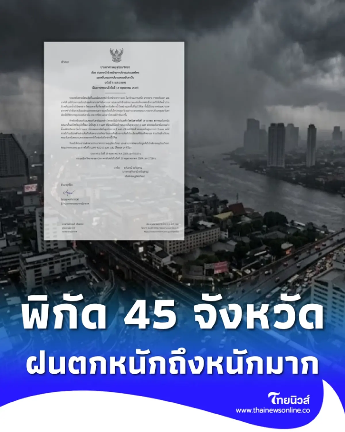 เตือนภัยฉบับ 5 ฝนตกหนักถึงหนักมาก 45 จังหวัด เจอเต็มๆวันนี้