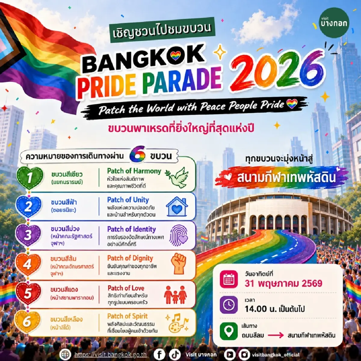 เปิดรายละเอียดเส้นทาง ขบวนพาเหรด "Bangkok Pride Parade 2026" นี้