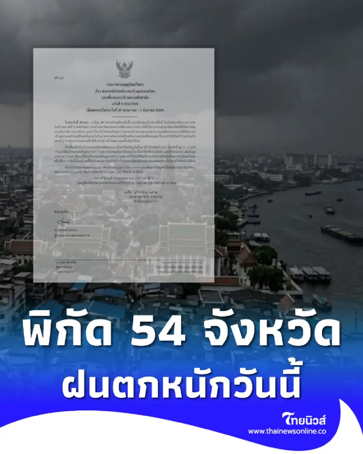 เตือนมรสุมฉบับ 5 วันนี้ 54 จังหวัด ฝนตกหนักถึงหนักมาก ระวังน้ำท่วม