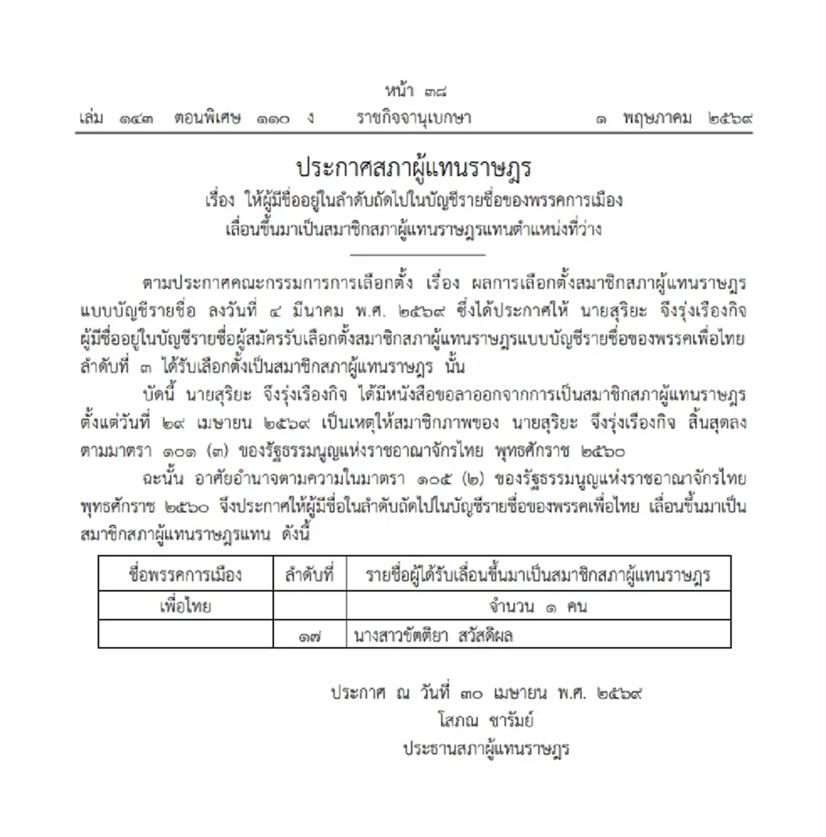 ราชกิจจาฯ ประกาศ "สุริยะ" ลาออก สส.เพื่อไทย เลื่อน "ขัตติยา" เป็นแทน