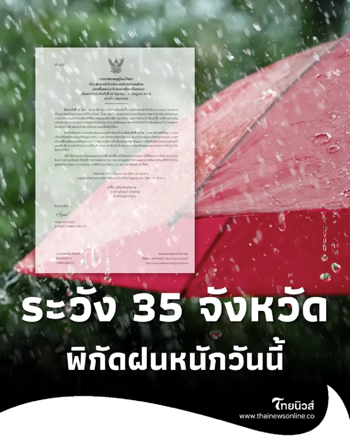 ประกาศ ฉ.6 เตือนฝนตกหนักถึงหนักมาก เช็ก 35 จังหวัด วันนี้เจอเต็มๆ 