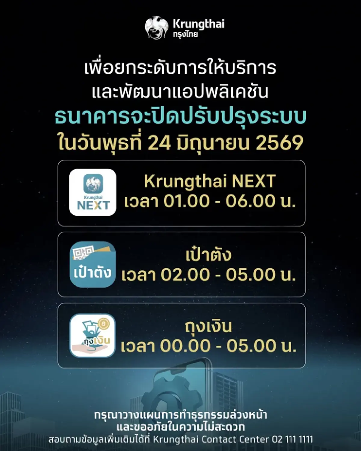 กรุงไทย แจ้งปิดปรับปรุง 3 แอป เช็กช่วงเวลา กระทบไทยช่วยไทยพลัสไหม