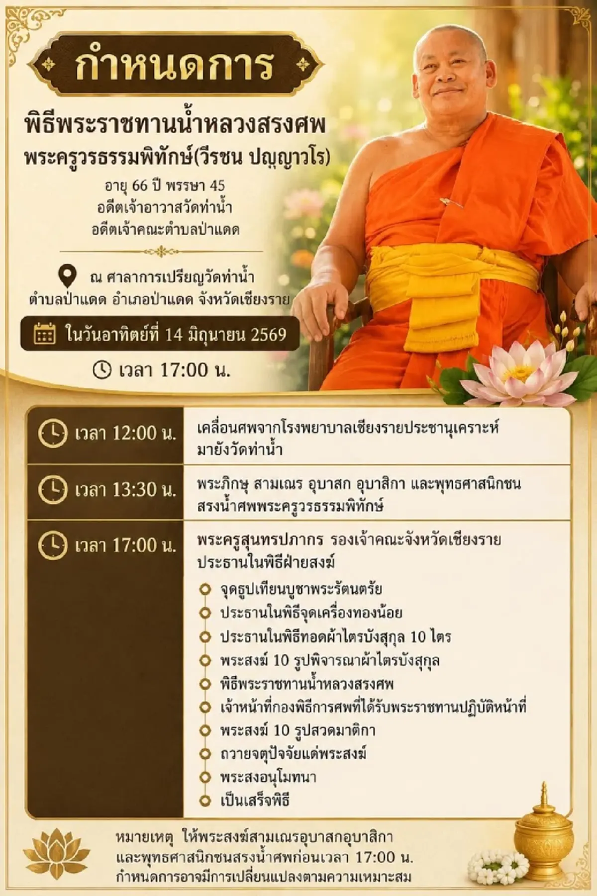 อาลัย สิ้น พระครูวรธรรมพิทักษ์ อดีตเจ้าคณะตำบลป่าแดด มรณภาพ