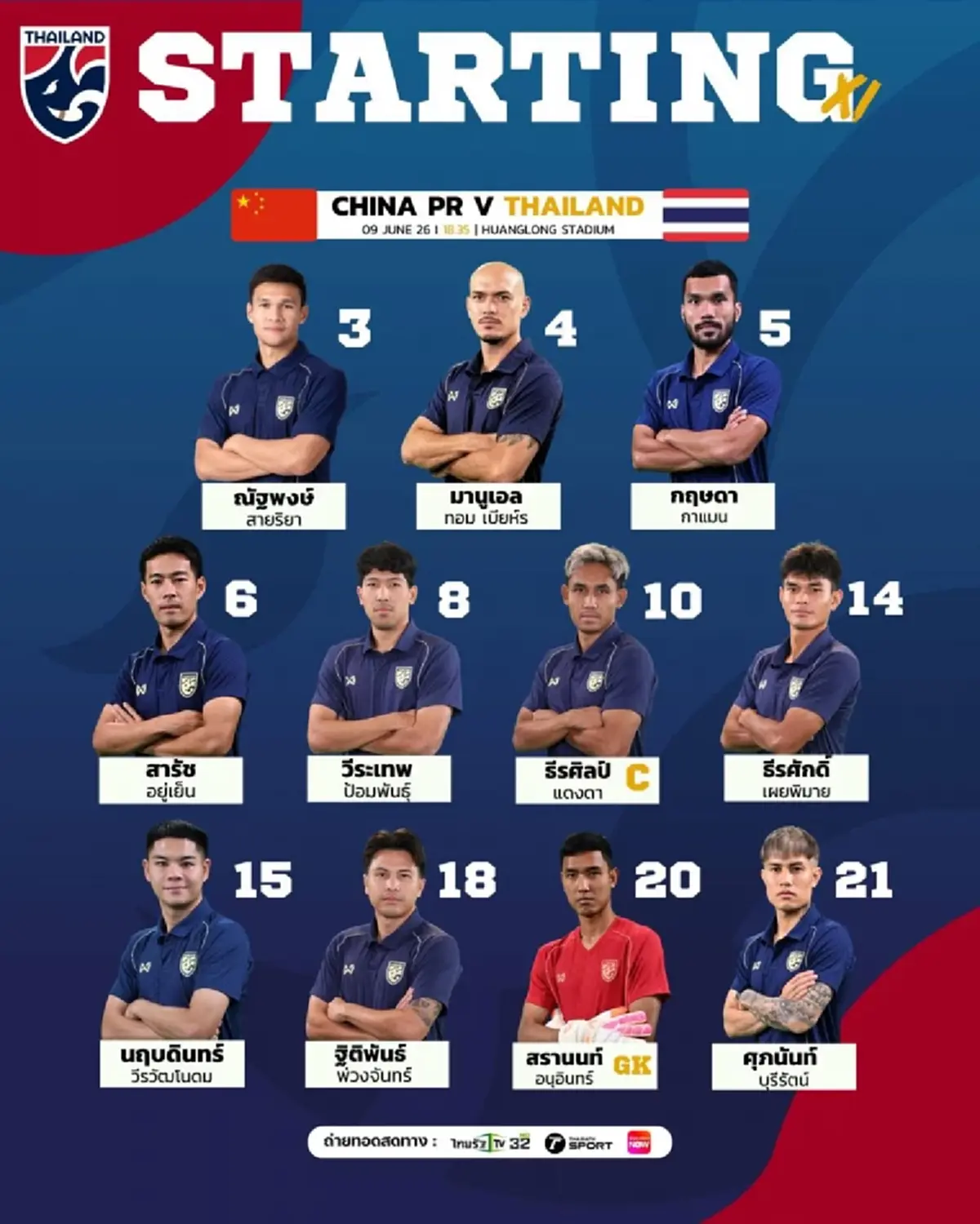 "ดูบอลสด" ไทย vs จีน ดูบอลสดฟรี ถ่ายทอดสดบอลไทยวันนี้ บอลไทยสดฟรี