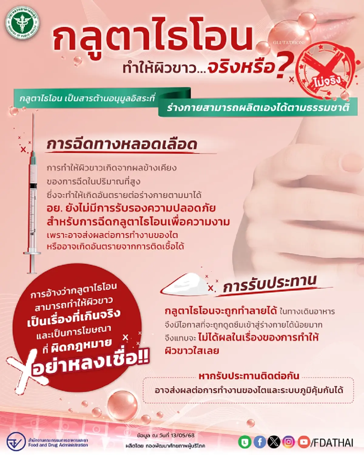 อย.เผย กลูตาไธโอน สารต้านอนุมูลอิสระ ทำให้ผิวขาวจริงหรือ?