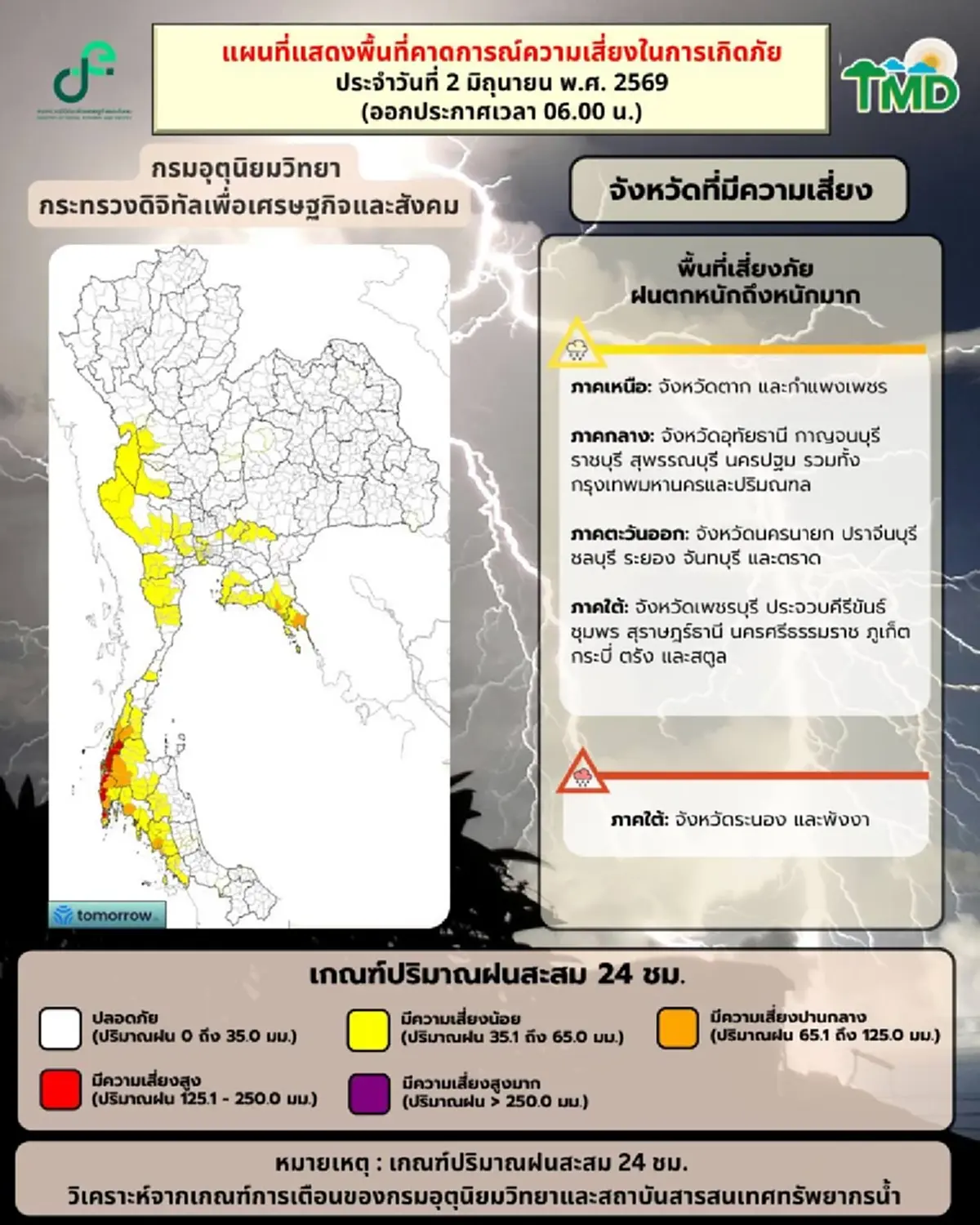 กรมอุตุฯ เตือนพื้นที่สีแดง-สีส้ม รับมือมรสุม ฝนตกหนักถึงหนักมาก