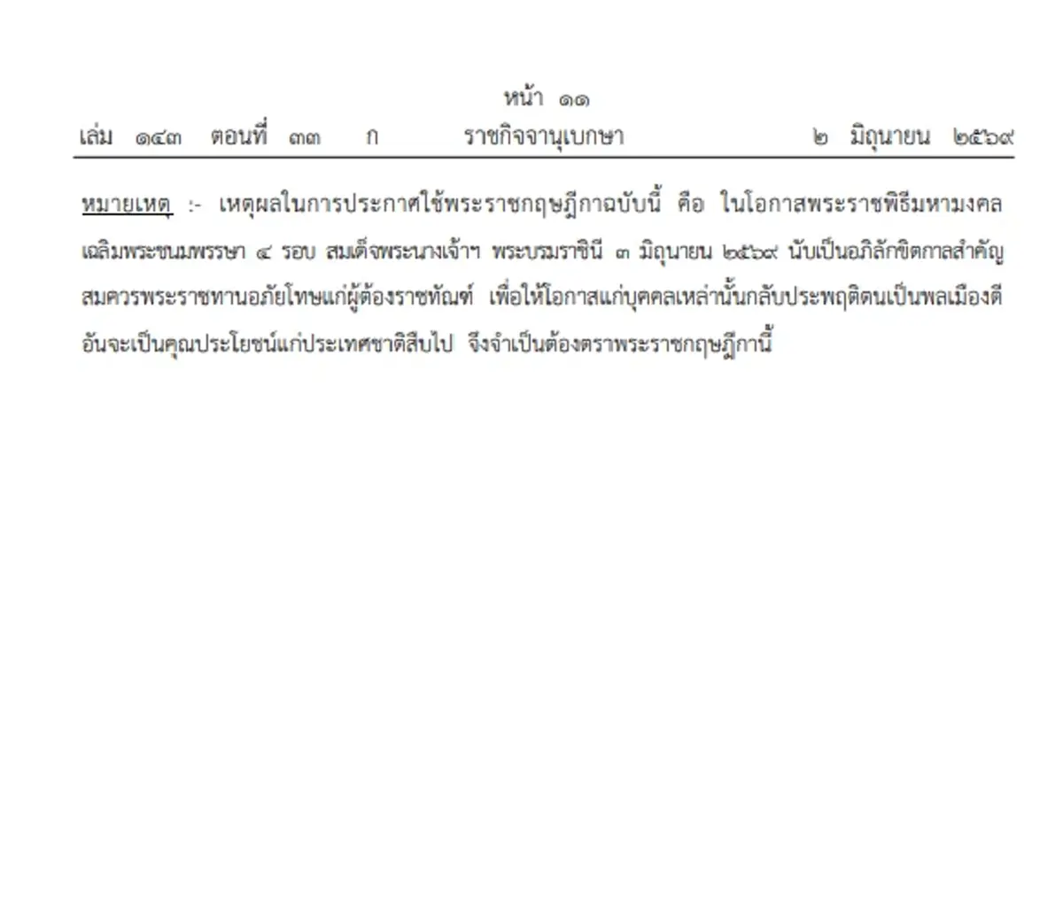 ประกาศโปรดเกล้าฯ  พระราชกฤษฎีกาพระราชทานอภัยโทษ พ.ศ. 2569