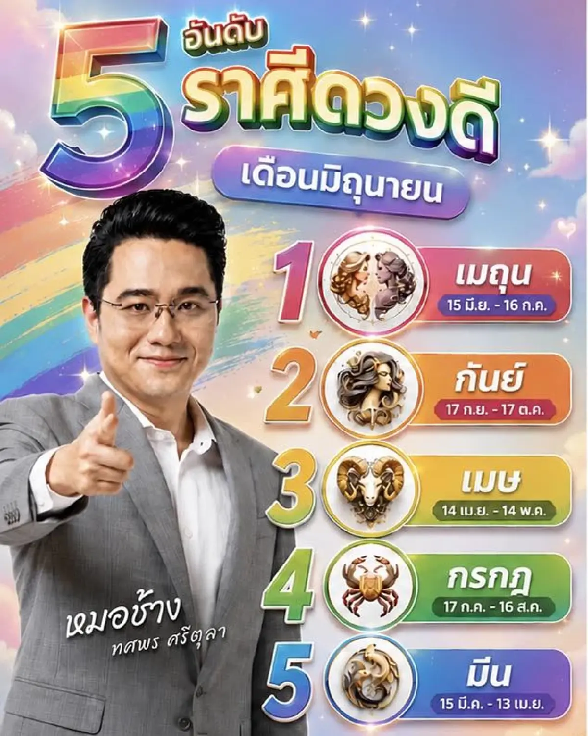 หมอช้าง เคาะ Top 5 ราศีดวงดี ดวงเฮงที่สุดเดือนมิถุนายน