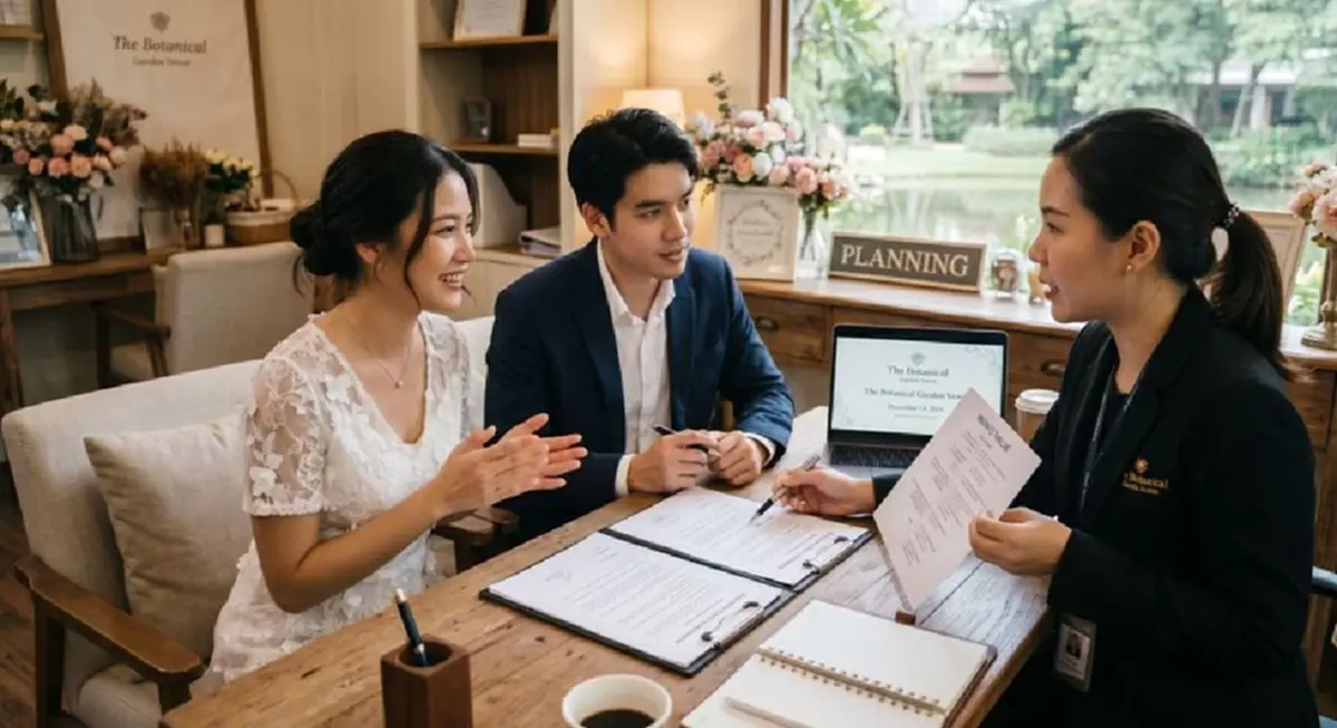 คู่บ่าวสาวนั่งพูดคุยปรึกษากับเจ้าหน้าที่ประสานงานของสถานที่จัดงานแต่งงานก่อนลงนามในสัญญา