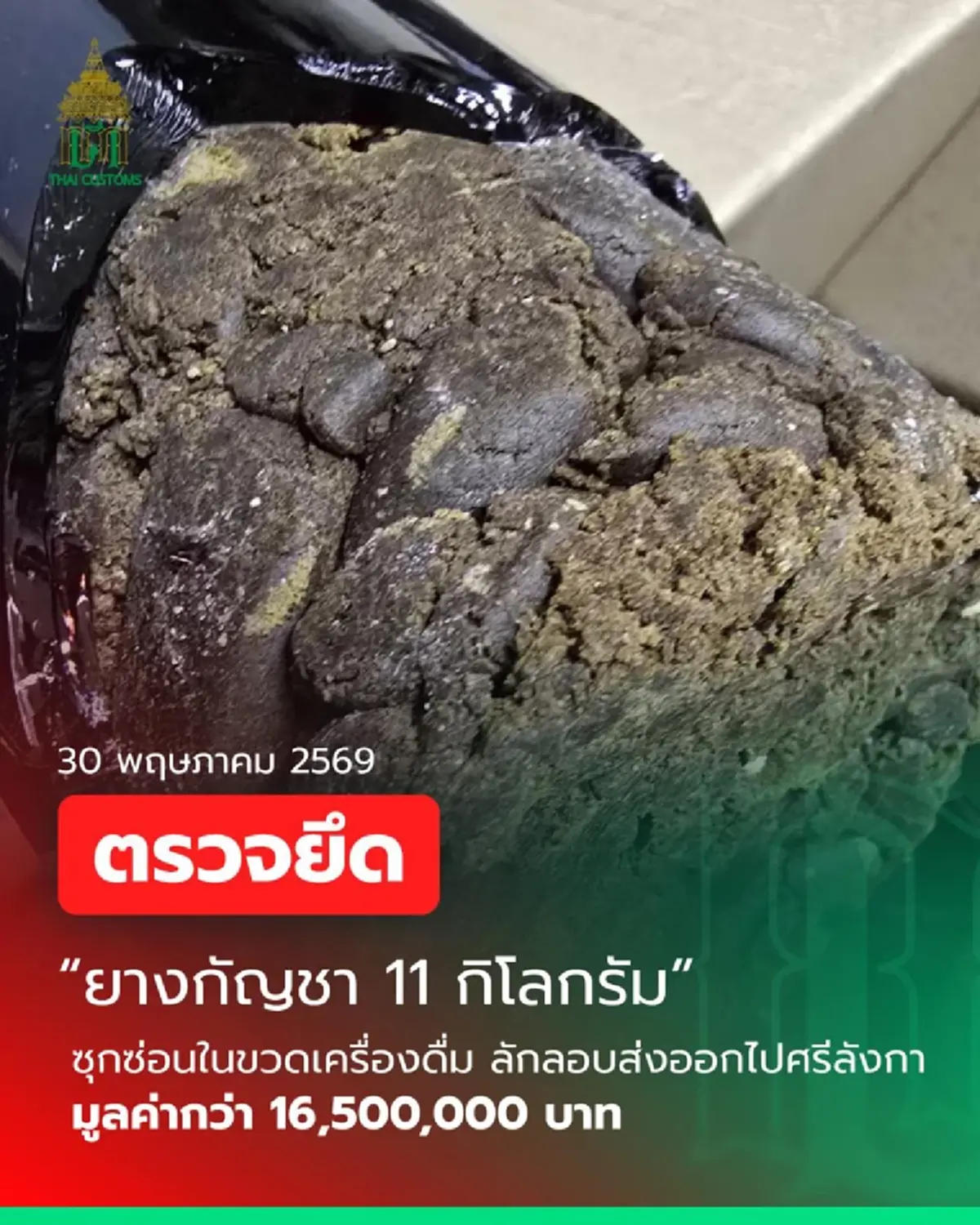 ศุลกากร รวบ 2 ผู้โดยสาร ซุกยางกัญชาในขวดเครื่องดื่ม กว่า 11 กก.