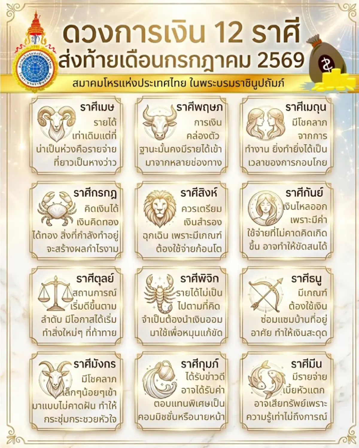 เคาะ 2 ราศี ดวงการเงิน ส่งท้ายเดือน ก.ค. 69 เตรียมตัวรับโชคลาภ