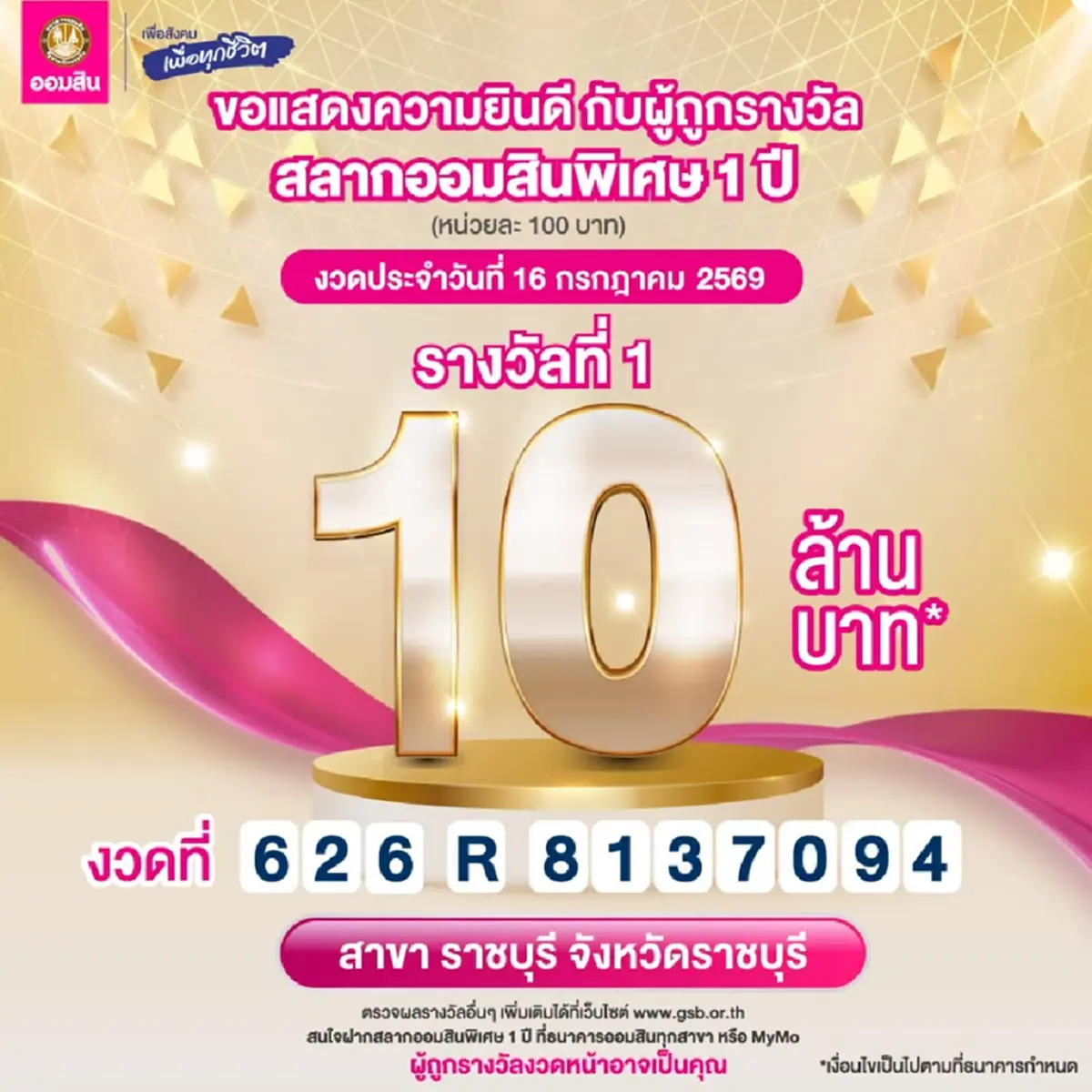สลากออมสิน แตก 10 ล้าน ยินดีเศรษฐีใหม่ รับทรัพย์ก้อนใหญ่