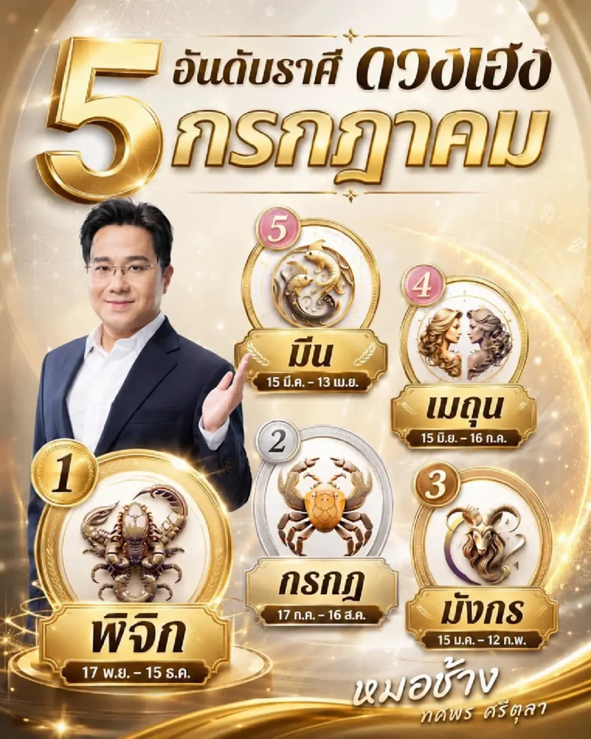 หมอช้าง เคาะแล้ว Top 5 ราศีดวงดี ดวงเฮงที่สุดเดือนกรกฎาคม 