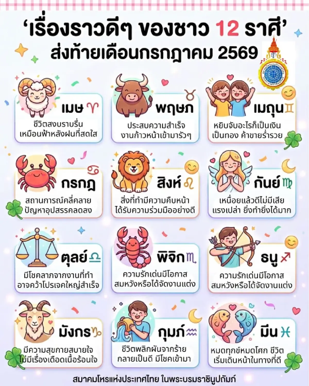 เคาะ 1 ราศี เรื่องราวดีๆ ส่งท้ายเดือน ก.ค. 69 มีโชคลาภจากงาน