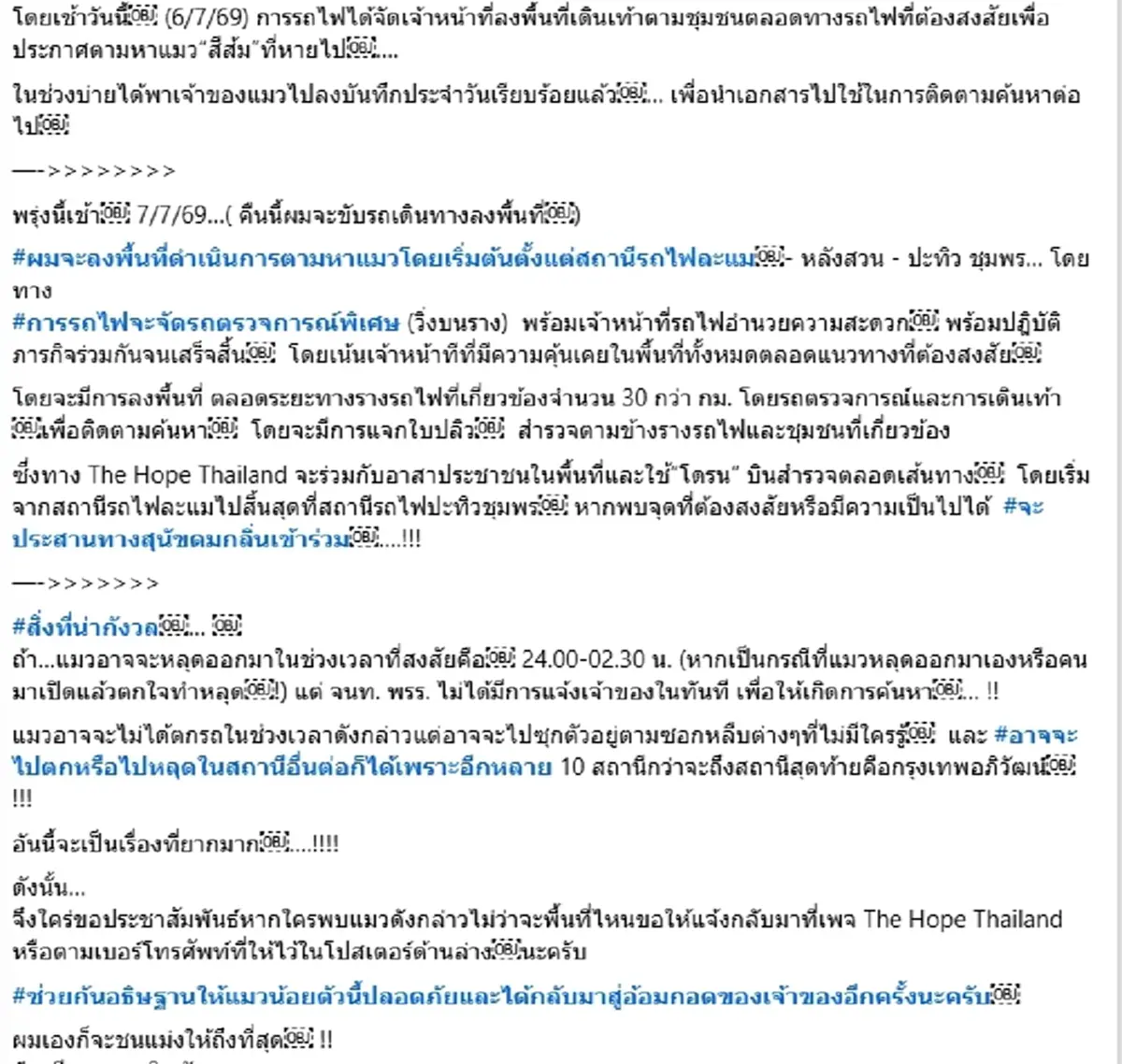 หนึ่งสิ่งที่น่ากังวล ค้นหาแมวส้มพิการหายบนรถไฟ ยังคงไม่หมดหวัง