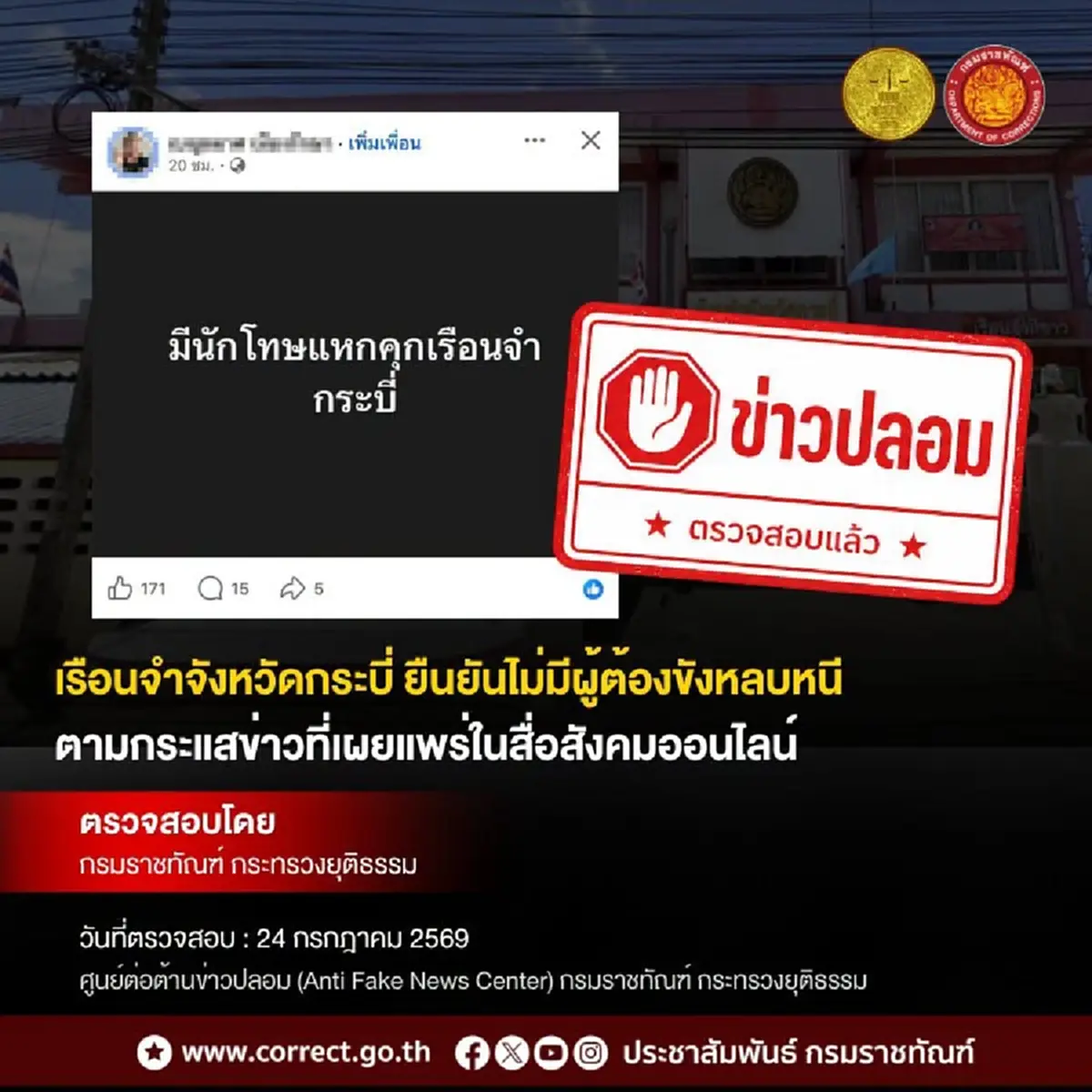 ข่าวปลอม! ผบ.เรือนจำจังหวัดกระบี่ ยืนยันไม่มีนักโทษแหกคุก
