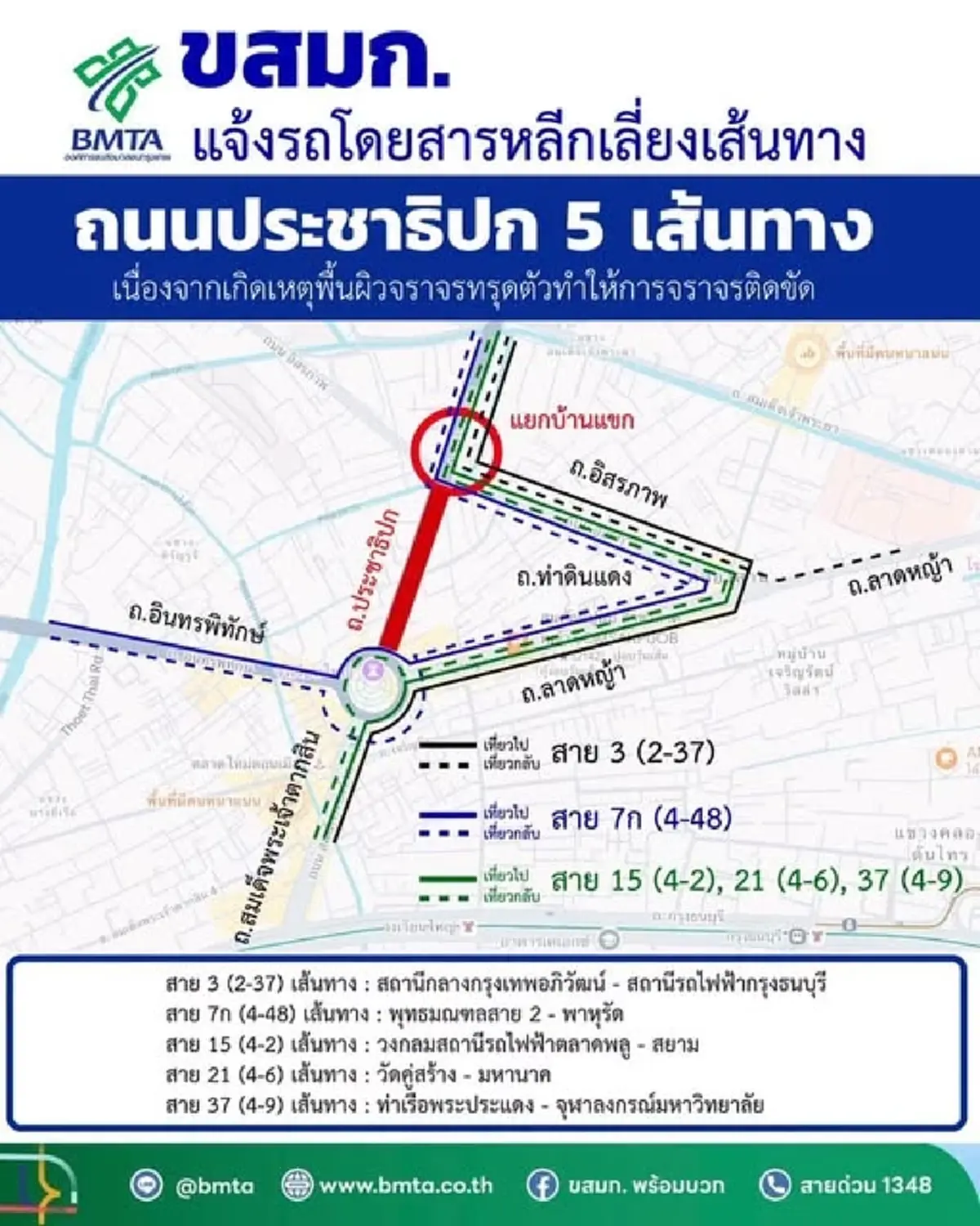 ขสมก. ปรับเส้นทางชั่วคราว ปิดถนนประชาธิปก ช่วงวงเวียนใหญ่-บ้านแขก