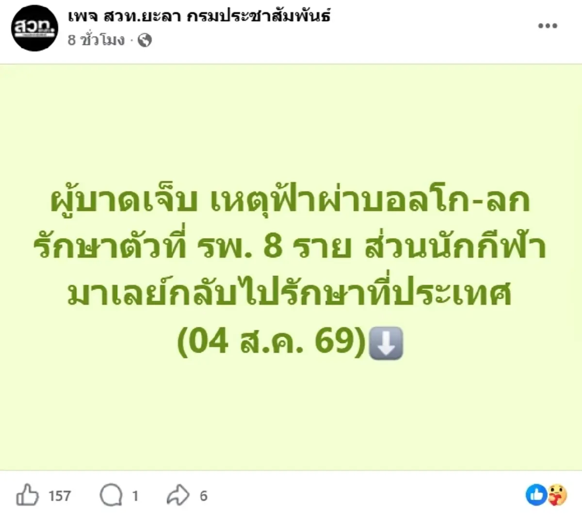 เปิดรายชื่อผู้บาดเจ็บและเสียชีวิต เหตุฟ้าผ่ากลางสนามฟุตบอลสุไหงโกลก