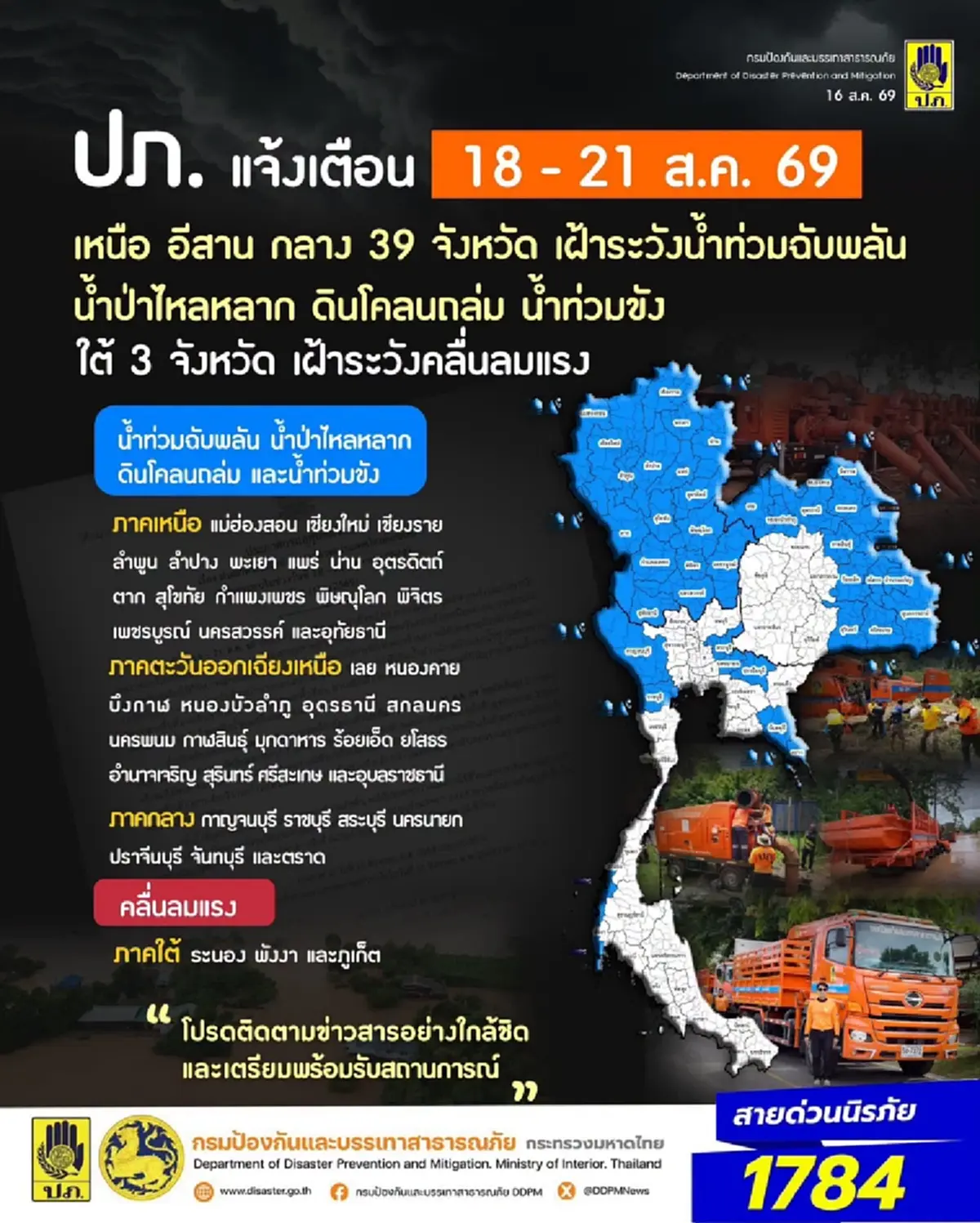 เปิด 39 จังหวัด ปภ.เตือนระวังน้ำท่วมฉับพลัน น้ำป่า 18 - 21 ส.ค. 69