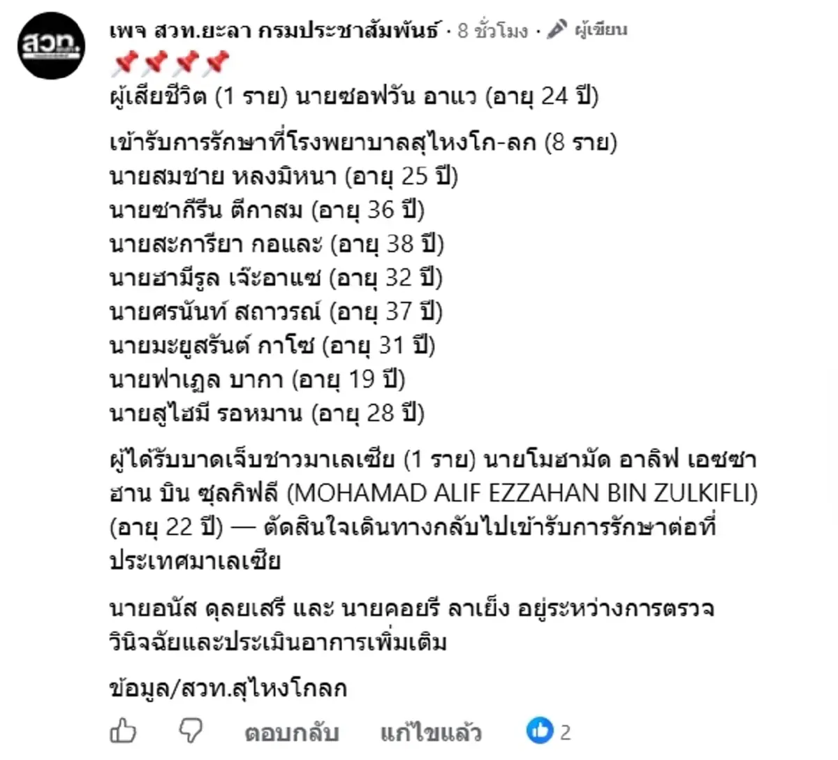 เปิดรายชื่อผู้บาดเจ็บและเสียชีวิต เหตุฟ้าผ่ากลางสนามฟุตบอลสุไหงโกลก