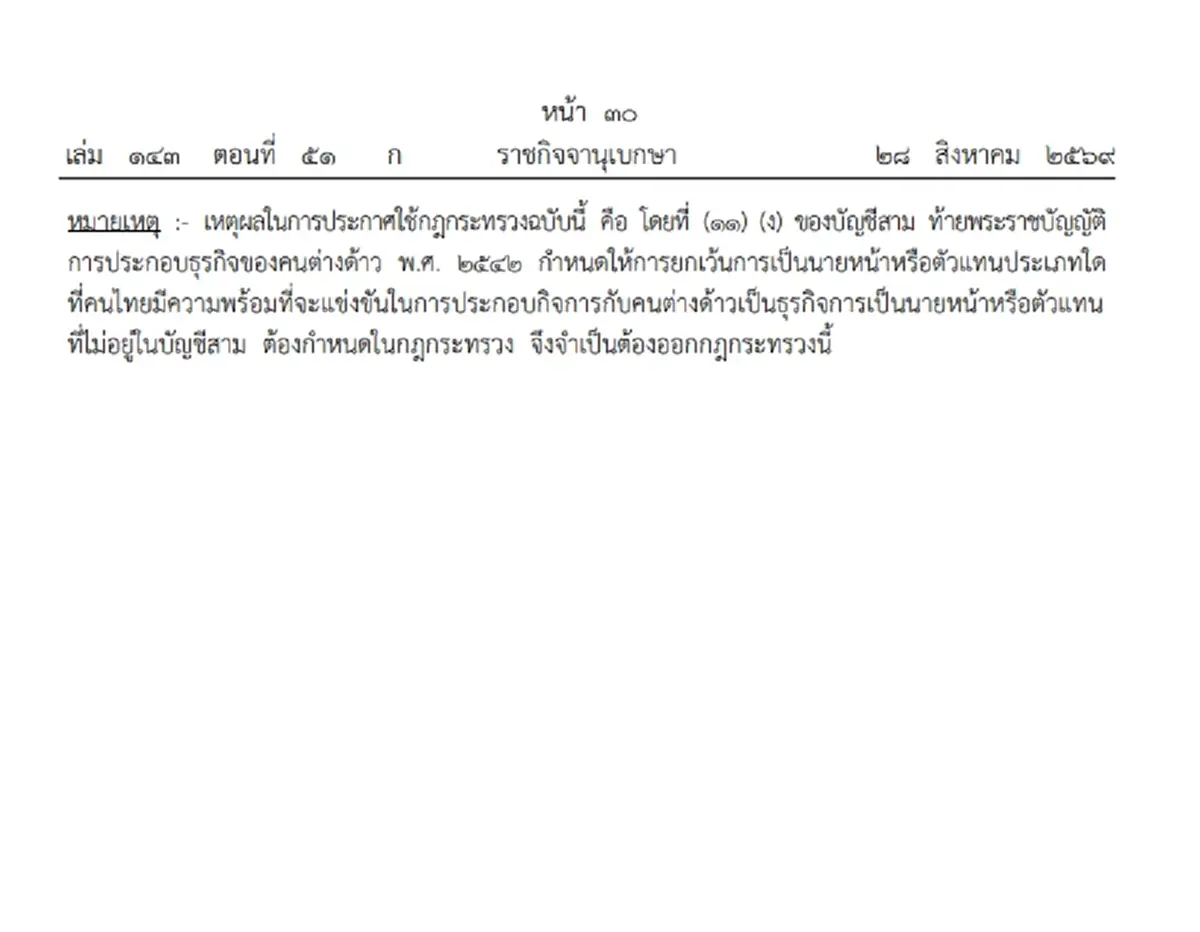 ราชกิจจาฯ ธุรกิจนายหน้า-ตัวแทน 2 ประเภท ต่างด้าวไม่ต้องขออนุญาต