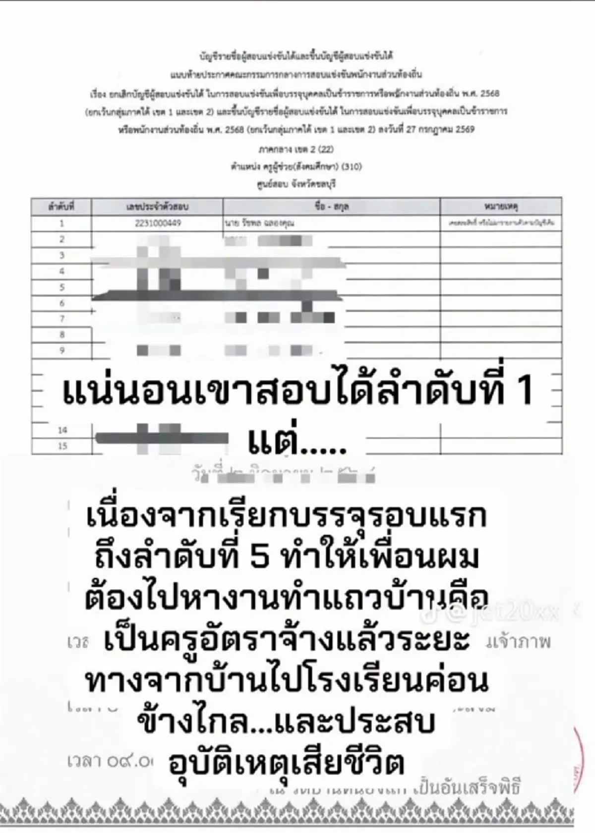 สุดเศร้า ครูหนุ่มขึ้นบัญชีใหม่ได้ที่ 1 ถ้าไม่ทุจริตคงไม่สูญเสีย