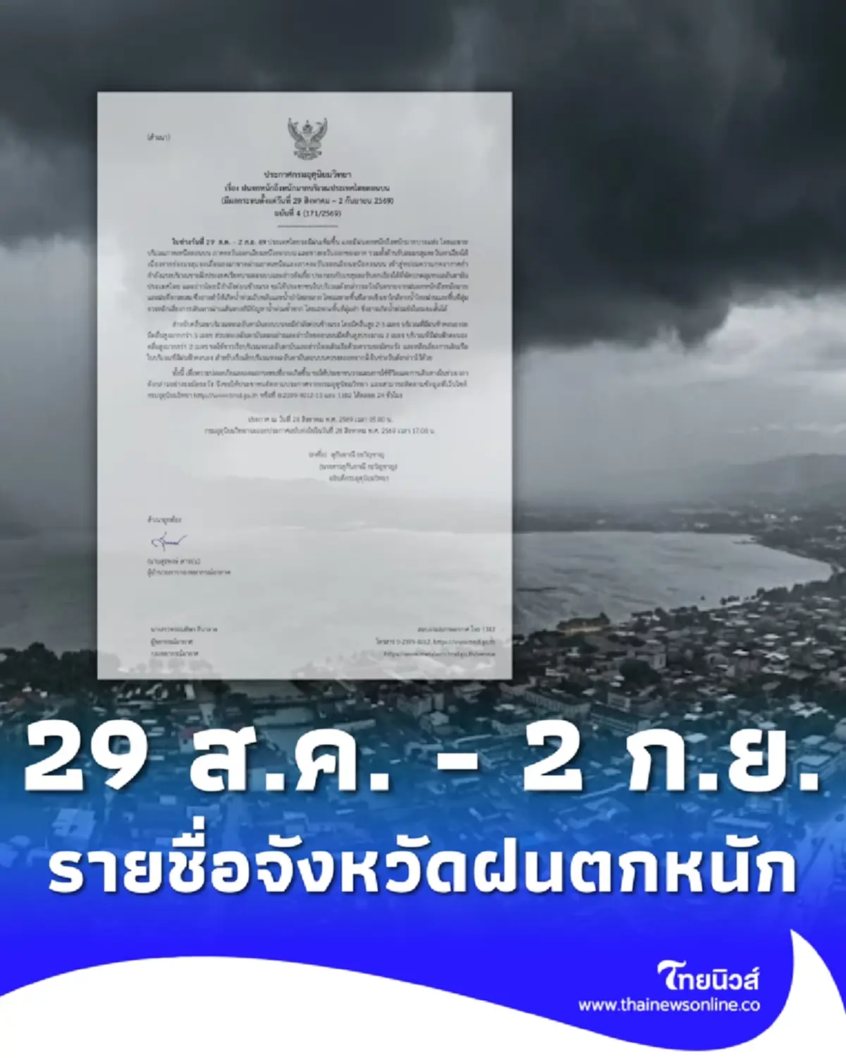 ประกาศ ฉ.4 ฝนตกหนักถึงหนักมาก 29 ส.ค. - 2 ก.ย. เช็กรายชื่อฝนถล่ม
