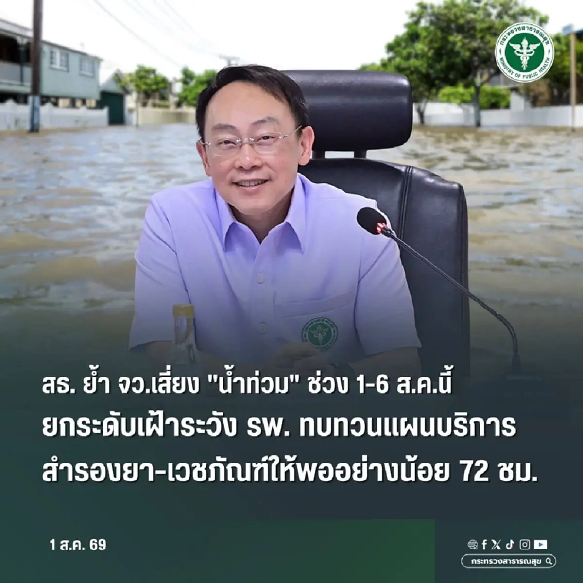 สธ. สั่งยกระดับ รับมือน้ำท่วม 1-6 ส.ค. สั่งสำรองยาเร่งด่วน 72 ชม.
