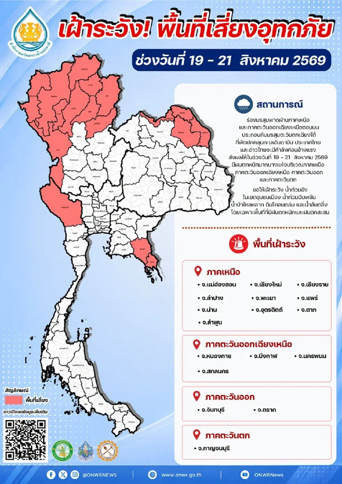 สทนช. เตือน 17 จังหวัด ระวังน้ำท่วมฉับพลัน น้ำป่าไหลหลาก 19 - 21 ส.ค. 