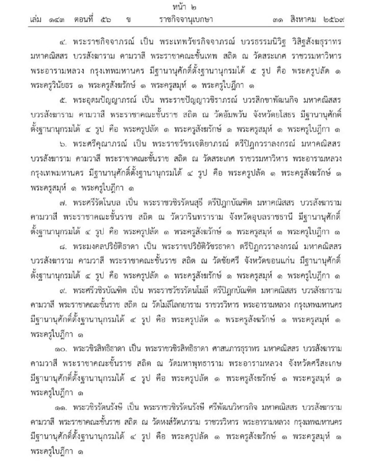 ราชกิจจานุเบกษา โปรดเกล้าฯ เลื่อนสมณศักดิ์พระราชาคณะ 24 รูป