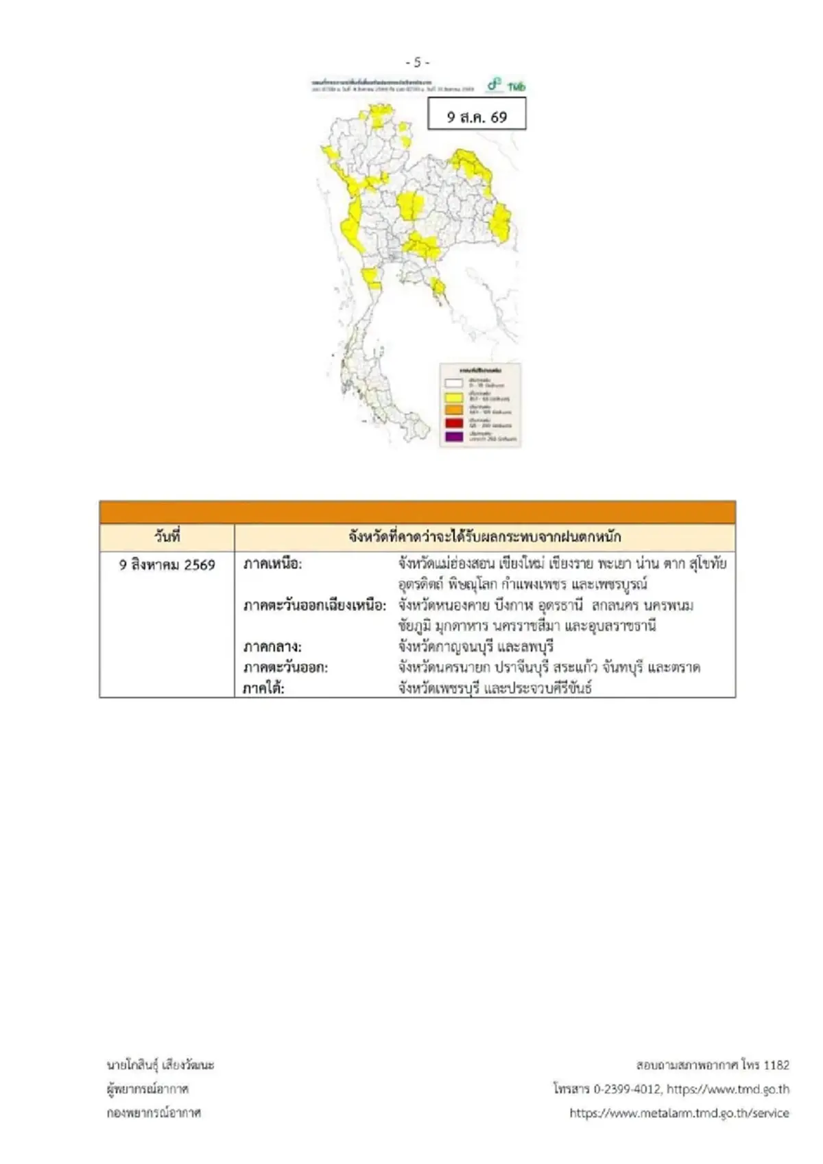 อุตุฯ ฉบับ 2 ฝนตกหนักถึงหนักมาก ช่วง 6 ถึง 9 ส.ค. เปิดพื้นที่สีแดงและสีส้ม