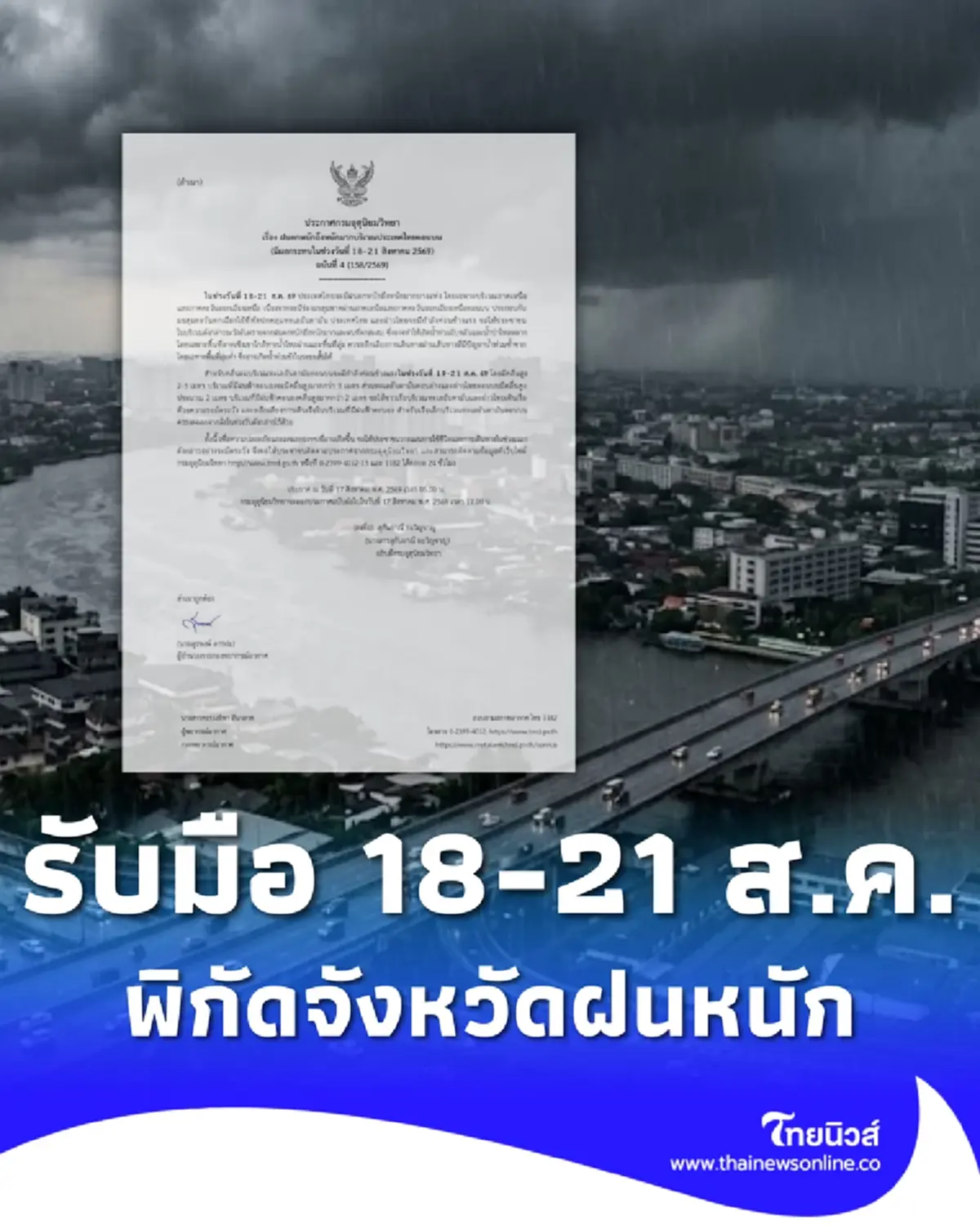 ประกาศ ฉ.4 เช็กรายชื่อจังหวัด รับมือ 18-21 ส.ค. ฝนตกหนักถึงหนักมาก