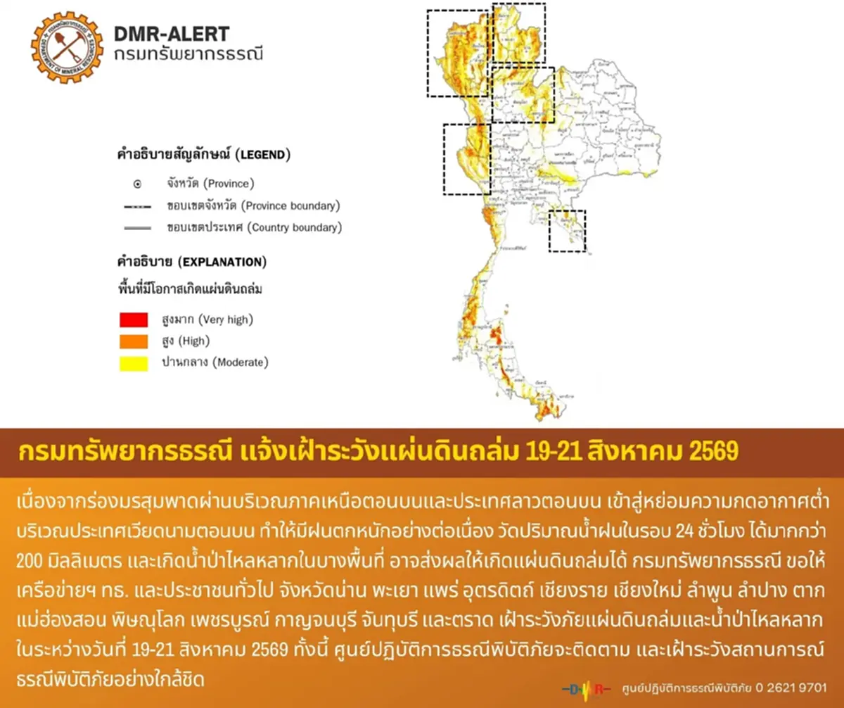 เตือน 15 จังหวัด 63 อำเภอ เสี่ยงดินถล่ม-น้ำป่าไหลหลาก ถึง 21 ส.ค.