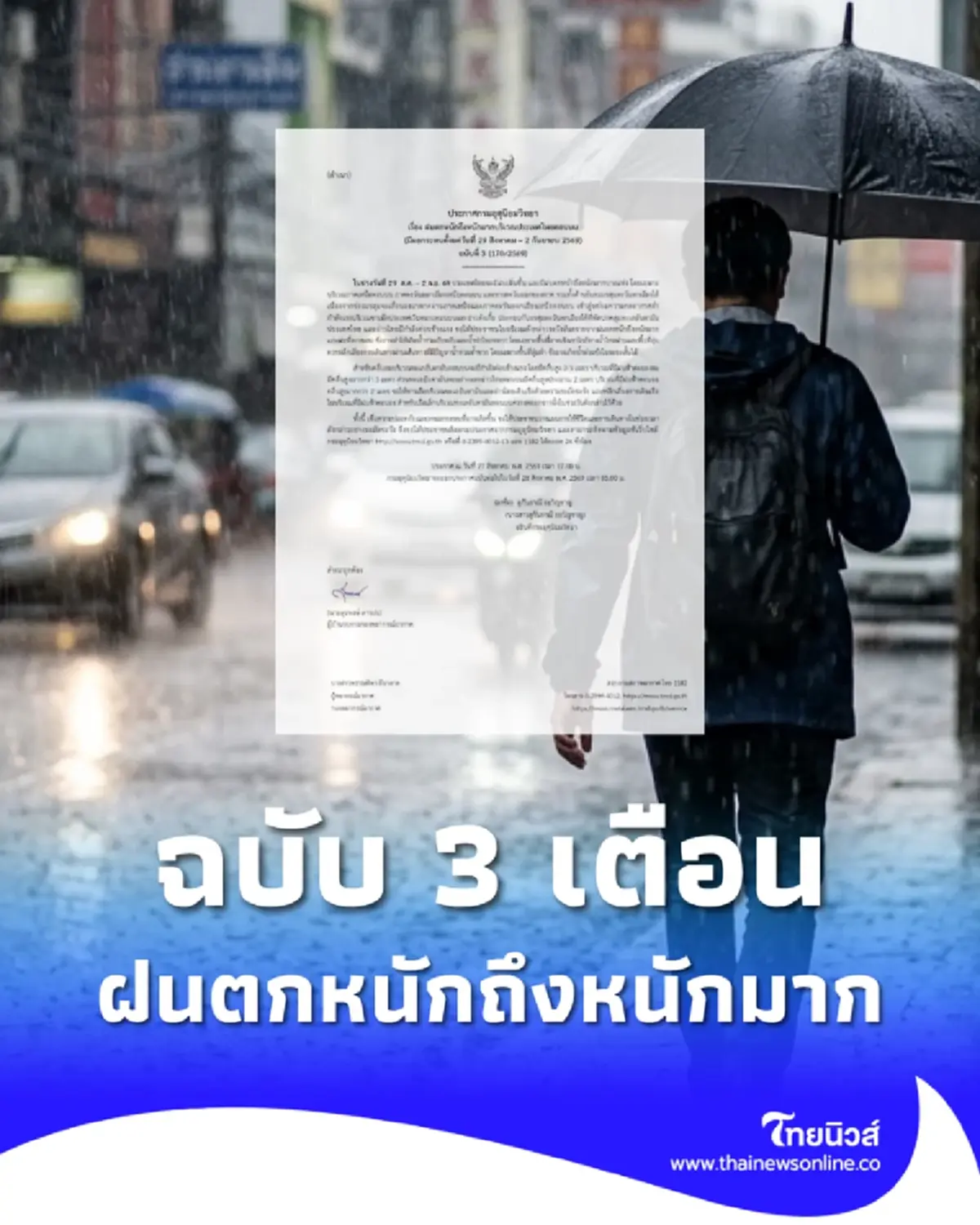 กรมอุตุฯ ฉบับ 3 เตือน ฝนตกหนักถึงหนักมาก ช่วง 29 ส.ค. ถึง 2 ก.ย.