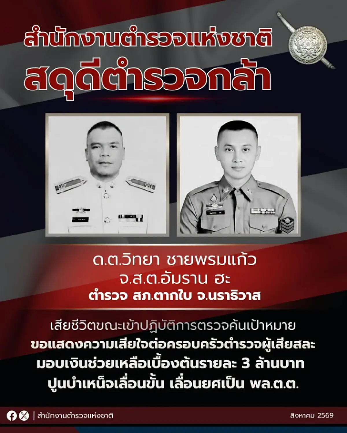 เปิดเงินช่วยเหลือ และ ปูนบำเหน็จ 2 ตำรวจกล้า เสียชีวิตขณะปฏิบัติหน้าที่
