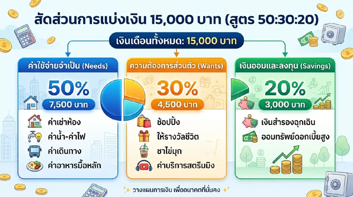 เงินเดือน 15,000  จัดสรรยังไงให้มีเงินเก็บ แถมรอดถึงสิ้นเดือน 