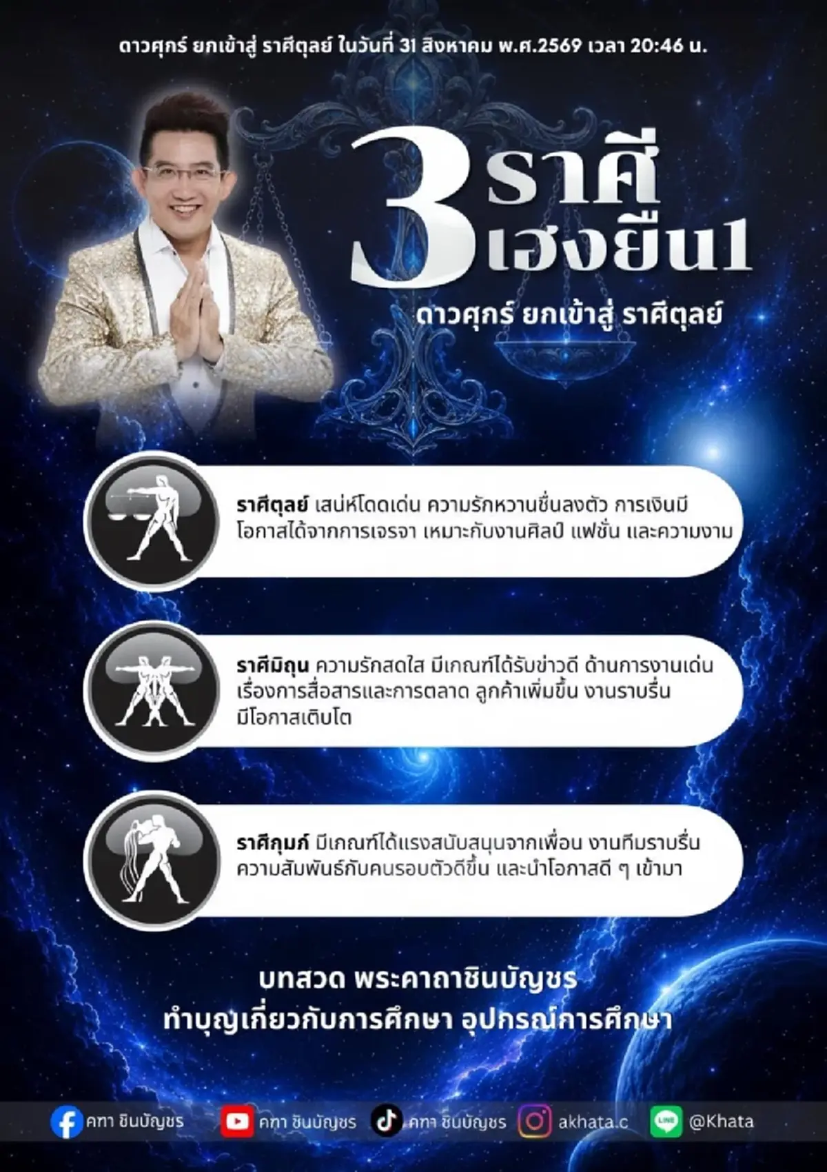 ดาวศุกร์ย้าย 31 ส.ค. อ.คฑา เคาะ 3 ราศี เฮงยืนหนึ่ง งานก้าวหน้า เงินปัง