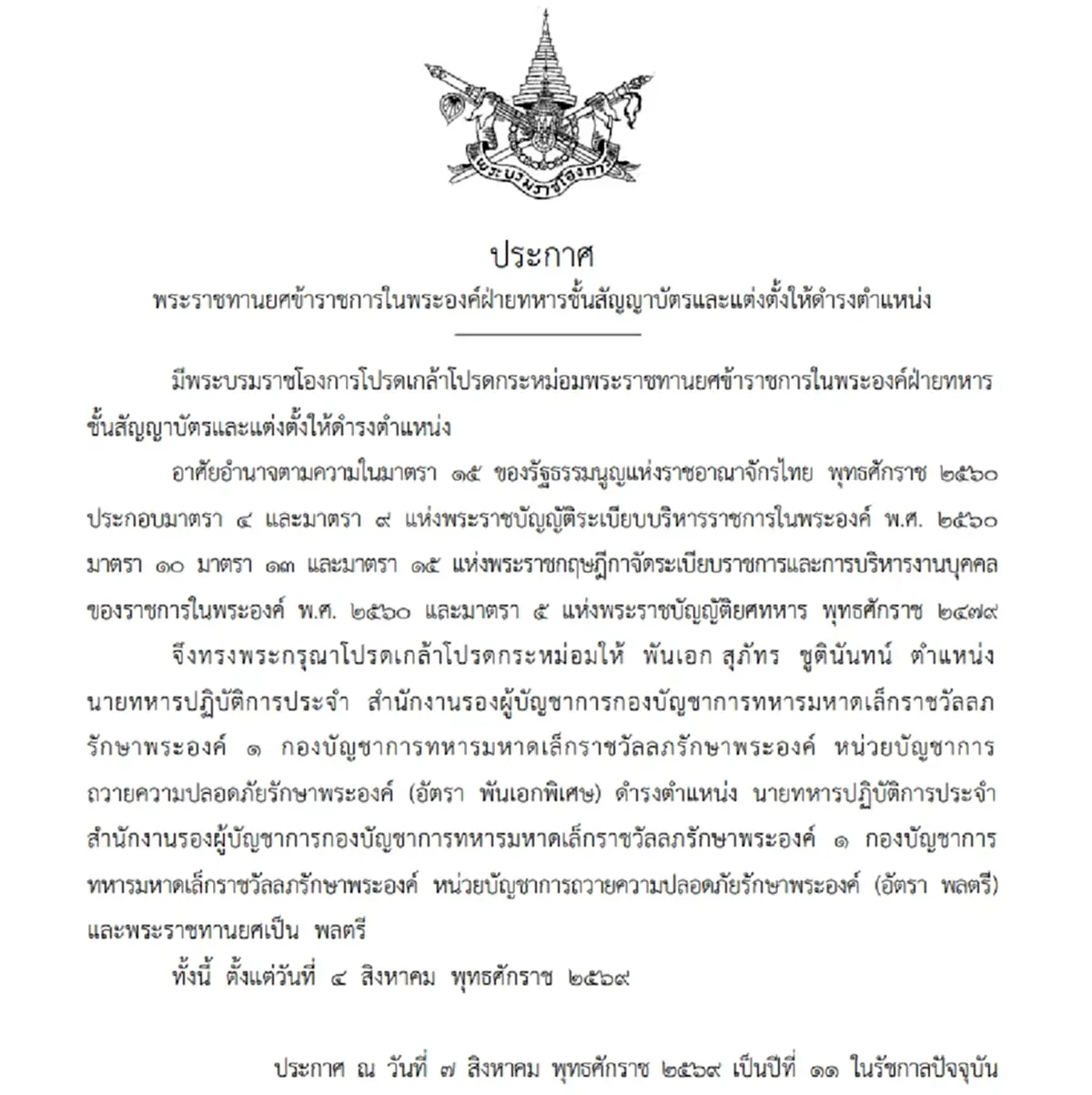 โปรดเกล้าฯ พระราชทานยศ-แต่งตั้งตำแหน่ง พ.อ. สุภัทร ชูตินันทน์