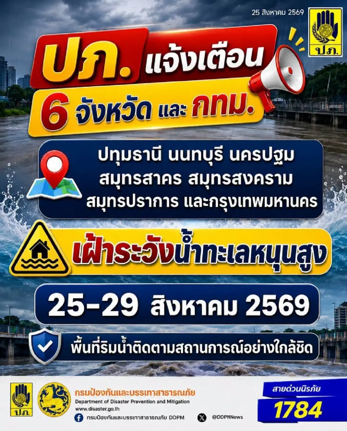 เตือนด่วน 6 จังหวัด และ กทม. ระวังน้ำทะเลหนุนสูง ยันสิ้นเดือน
