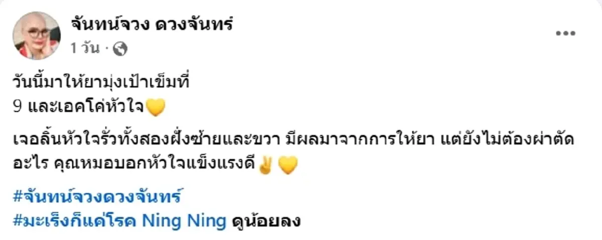 จันทน์จวง ดวงจันทร์ เอคโค่หัวใจเจอโรคเพิ่ม ผลจากยารักษามะเร็ง